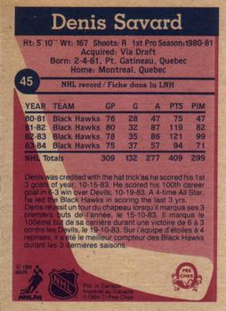 1984-85 O-Pee-Chee #45 Denis Savard Back