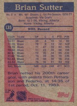 1984-85 Topps #135 Brian Sutter Back
