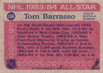 1984-85 Topps #158 Tom Barrasso Back