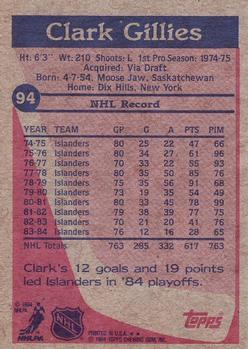 1984-85 Topps #94 Clark Gillies Back