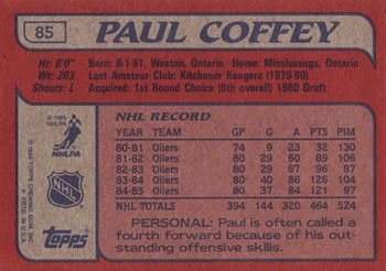 1985-86 Topps #85 Paul Coffey Back