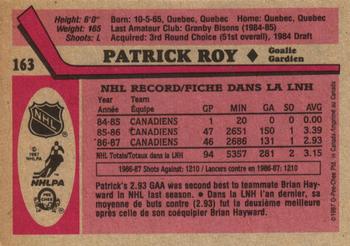 1987-88 O-Pee-Chee #163 Patrick Roy Back