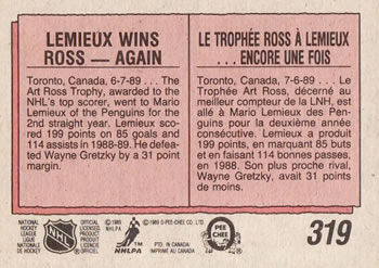 1989-90 O-Pee-Chee #319 Mario Lemieux Back