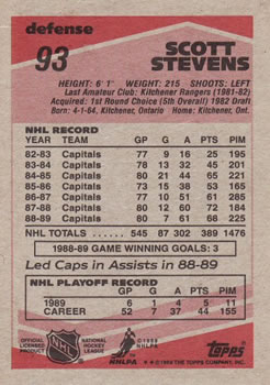 1989-90 Topps #93 Scott Stevens Back