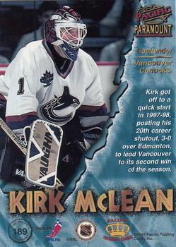 1997-98 Pacific Paramount - Ice Blue #189 Kirk McLean Back