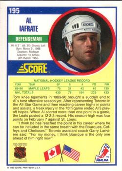 1990-91 Score American #195 Al Iafrate Back