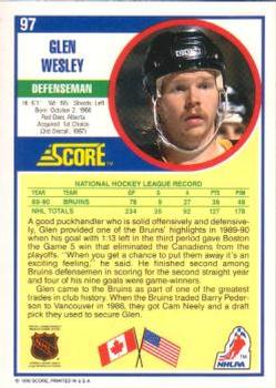 1990-91 Score American #97 Glen Wesley Back