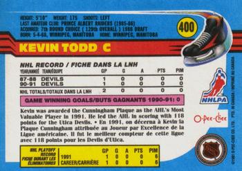 1991-92 O-Pee-Chee #400 Kevin Todd Back
