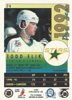 1991-92 O-Pee-Chee Premier #74 Todd Elik Back