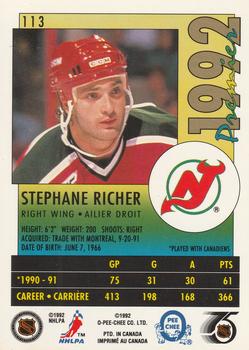 1991-92 O-Pee-Chee Premier #113 Stephane Richer Back