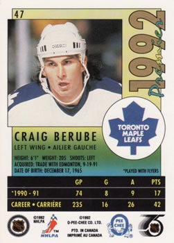 1991-92 O-Pee-Chee Premier #47 Craig Berube Back