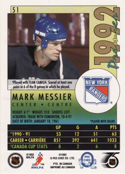 1991-92 O-Pee-Chee Premier #51 Mark Messier Back