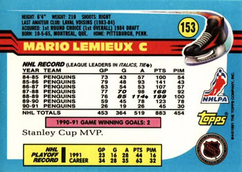 1991-92 Topps #153 Mario Lemieux Back