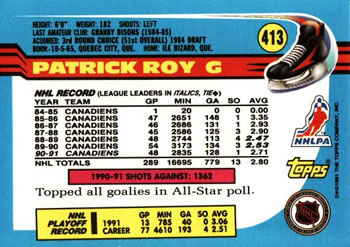 1991-92 Topps #413 Patrick Roy Back