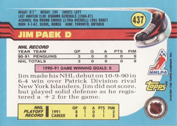 1991-92 Topps #437 Jim Paek Back