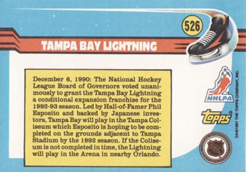 1991-92 Topps #526 Tampa Bay Lightning Back