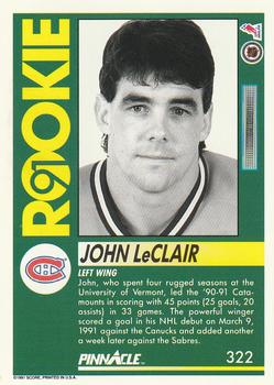 1991-92 Pinnacle #322 John LeClair Back