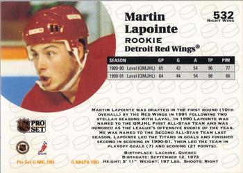 1991-92 Pro Set #532 Martin Lapointe Back