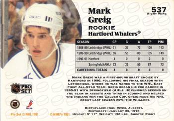 1991-92 Pro Set #537 Mark Greig Back