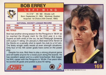 1991-92 Score American #169 Bob Errey Back