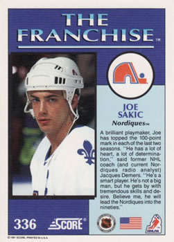 1991-92 Score American #336 Joe Sakic Back