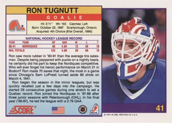 1991-92 Score American #41 Ron Tugnutt Back