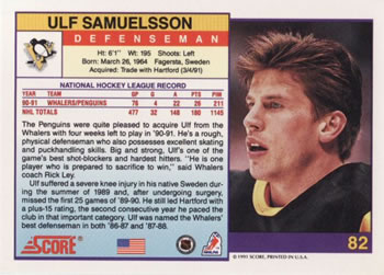 1991-92 Score American #82 Ulf Samuelsson Back