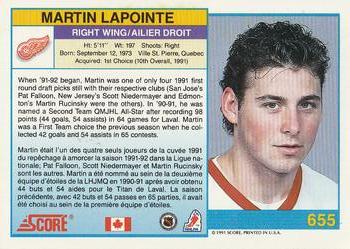 1991-92 Score Canadian Bilingual #655 Martin Lapointe Back