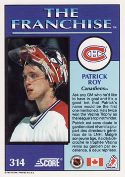 1991-92 Score Canadian Bilingual #314 Patrick Roy Back