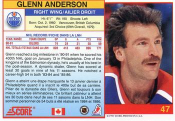 1991-92 Score Canadian Bilingual #47 Glenn Anderson Back