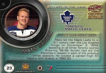 1998-99 Pacific Crown Royale - Pillars of the Game #23 Mats Sundin Back