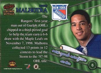 1998-99 Pacific Crown Royale - Rookie Class #6 Manny Malhotra Back