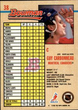 1992-93 Bowman #38 Guy Carbonneau Back