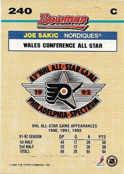 1992-93 Bowman #240 Joe Sakic Back