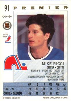 1992-93 O-Pee-Chee Premier #91 Mike Ricci Back