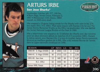 1992-93 Parkhurst - Emerald Ice #396 Arturs Irbe Back