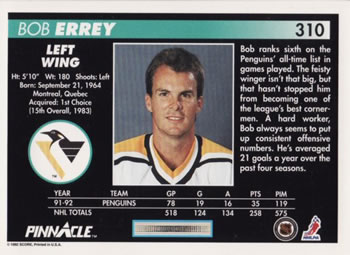 1992-93 Pinnacle #310 Bob Errey Back