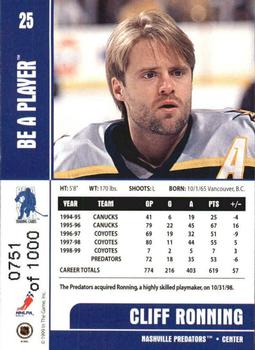 1999-00 Be a Player Memorabilia - Silver #25 Cliff Ronning Back