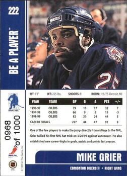 1999-00 Be a Player Memorabilia - Silver #222 Mike Grier Back