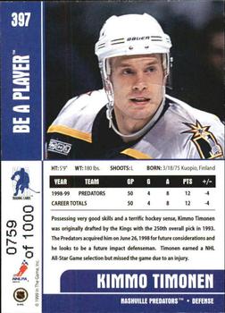 1999-00 Be a Player Memorabilia - Silver #397 Kimmo Timonen Back
