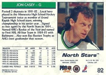 1992-93 Pro Set #82 Jon Casey Back