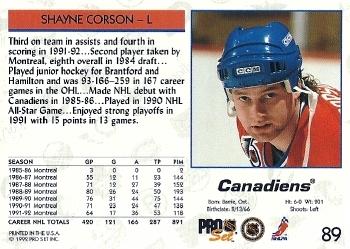 1992-93 Pro Set #89 Shayne Corson Back