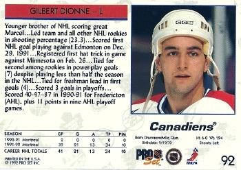 1992-93 Pro Set #92 Gilbert Dionne Back