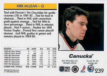 1992-93 Pro Set #239 Kirk McLean Back
