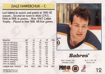 1992-93 Pro Set #12 Dale Hawerchuk Back
