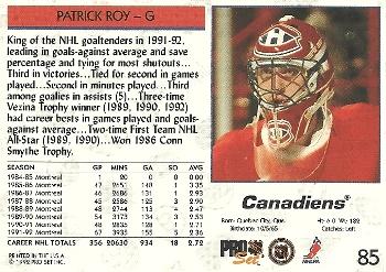 1992-93 Pro Set #85 Patrick Roy Back