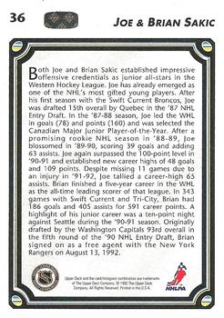 1992-93 Upper Deck #36 Joe Sakic / Brian Sakic Back