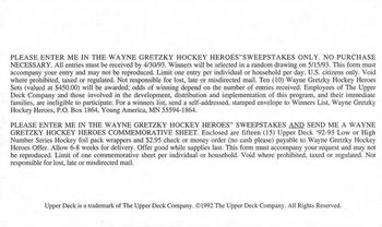 1992-93 Upper Deck #NNO Wayne Gretzky Hockey Heroes Sweepstakes / Sheet Offer Back