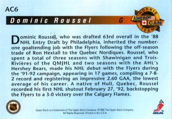 1992-93 Upper Deck - Ameri-Can Rookie Team Holograms #AC6 Dominic Roussel Back