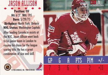 1993-94 Donruss - 1994 World Junior Championship Canada #CAN 1 Jason Allison Back